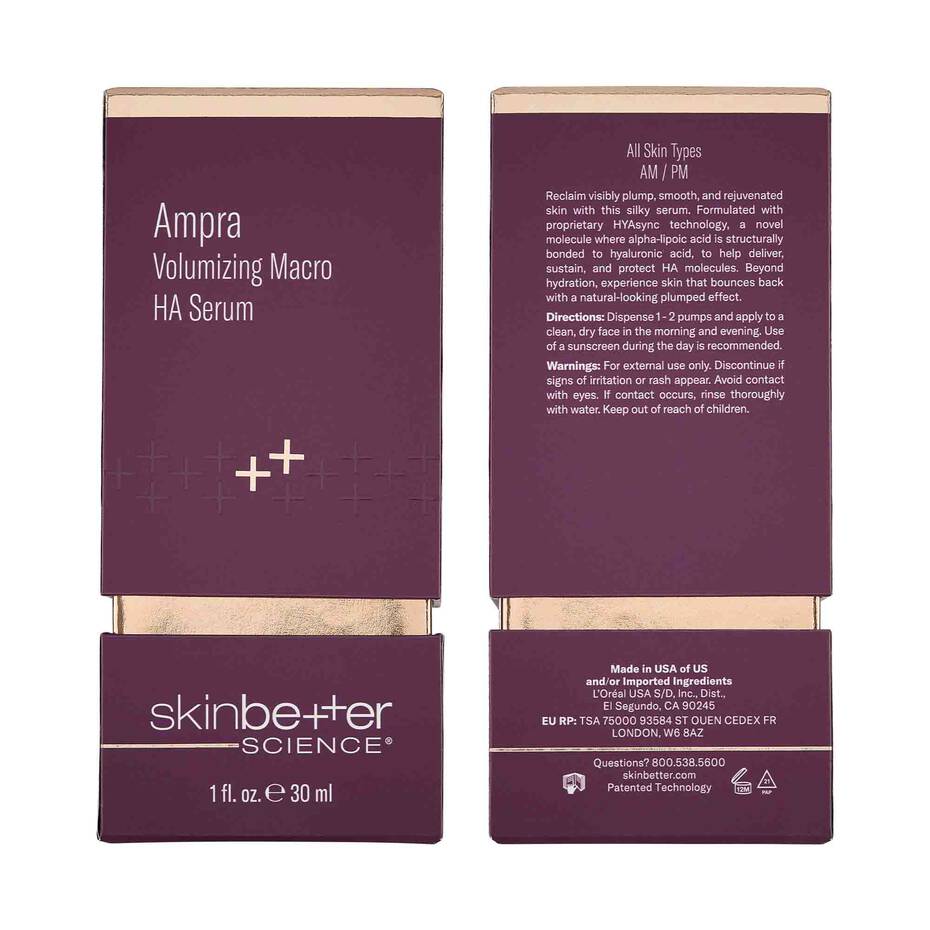 Ampra Volumizing Macro HA Serum packaging with 'skinbetter science' branding on a white background