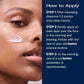 Instructional graphic showing a close-up of a woman's face with a white cream swipe on her cheek next to a dark blue panel with text instructions on how to apply a skincare product by sunbetter.