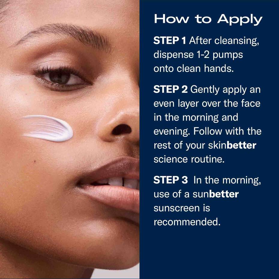Instructional graphic showing a close-up of a woman's face with a white cream swipe on her cheek next to a dark blue panel with text instructions on how to apply a skincare product by sunbetter.