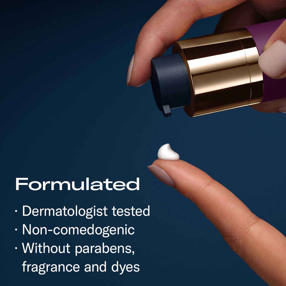 Skincare cream being applied with text about product features on a dark blue background