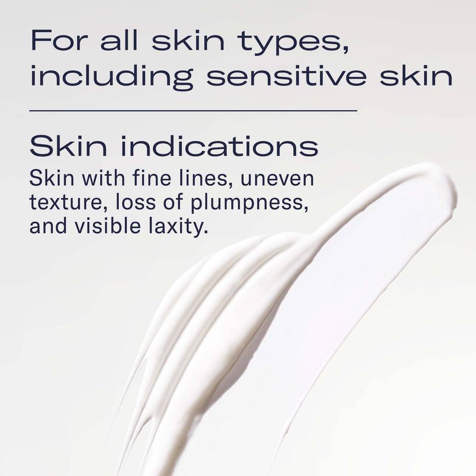 Text on a white background about skin types and indications for a skincare product.