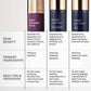 Three skincare product bottles with their benefits, ingredients, and skin type indications displayed.