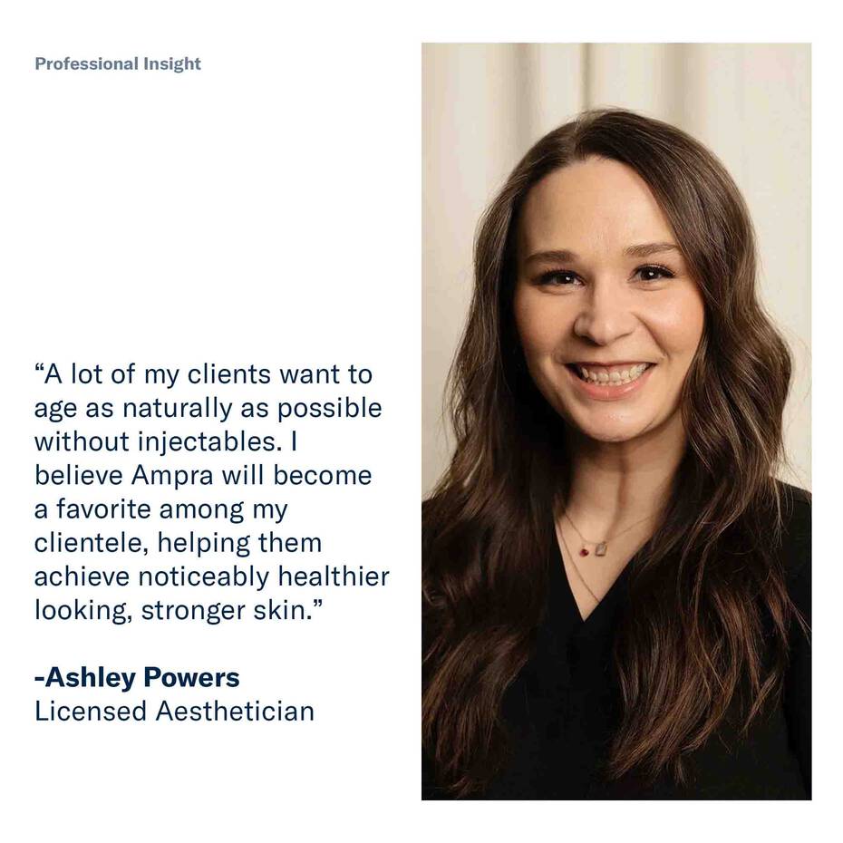 Woman with long brown hair smiling, with text about clients wanting to age naturally without injectables.